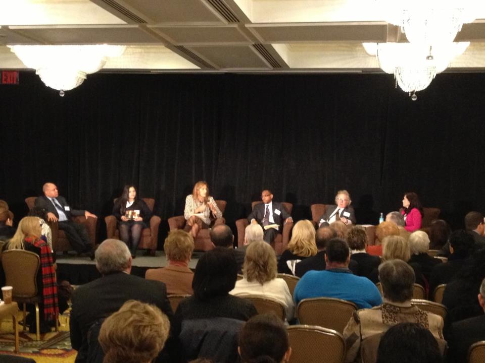 The "Saving Catholic Schools" panelists (l-r): Assemblyman Karim Camara; CSF Alum Jorvelyn Tejada; CSF President Darla Romfo; Principal Antwan Allen; Author Peter Meyer; and moderator Sheila Mulcahy.